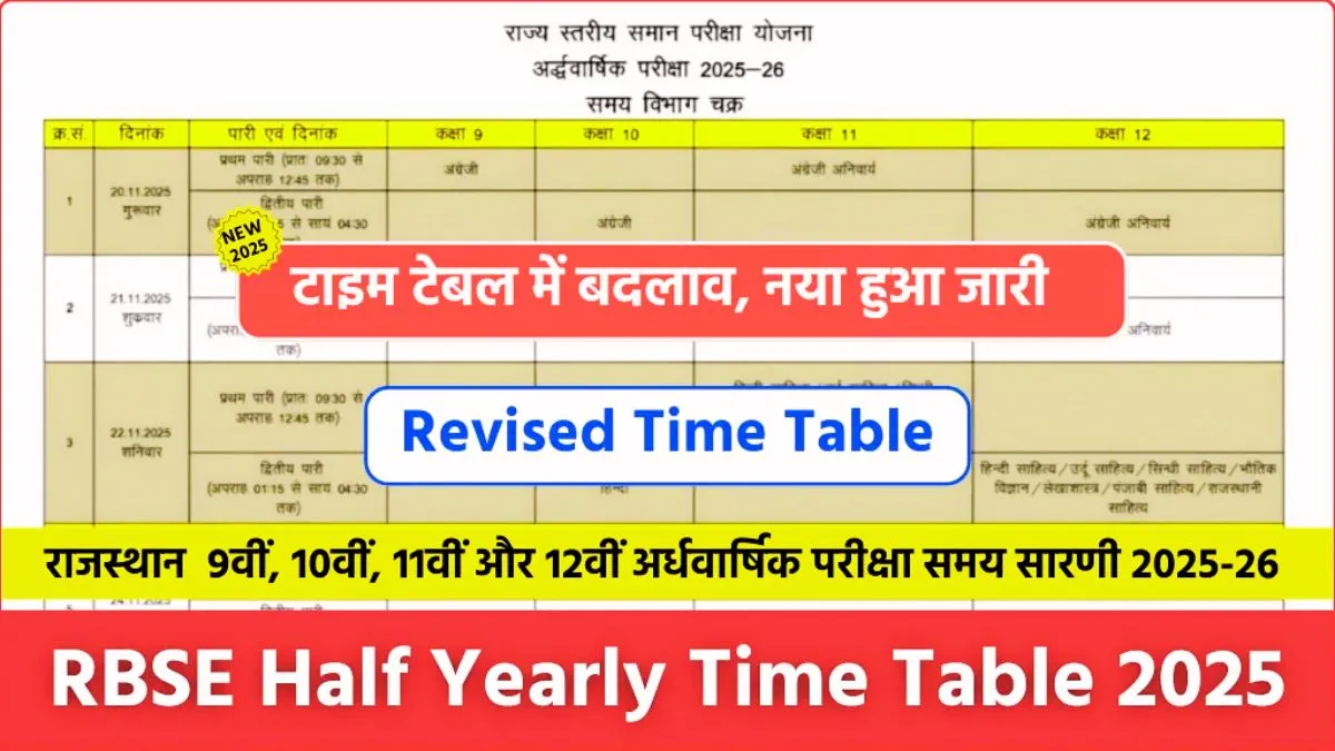 RBSE Half Yearly Time Table 2025